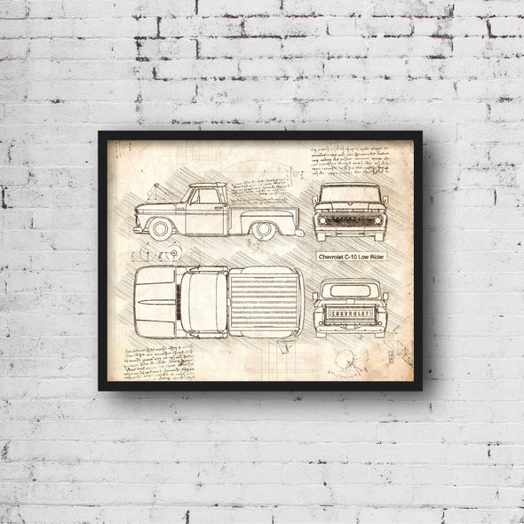 Chevrolet C-10 Low Rider Sketch Art Print - Sketch Style, Car Patent, Blueprint Poster, Blue Print, Chevy C-10 Truck Art (P816)