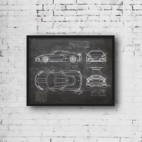 Chevrolet Corvette C8 Stingray (2020) Sketch Art Print - Sketch Style, Car Patent, Blue Print, String Ray, C7 Car (P838)