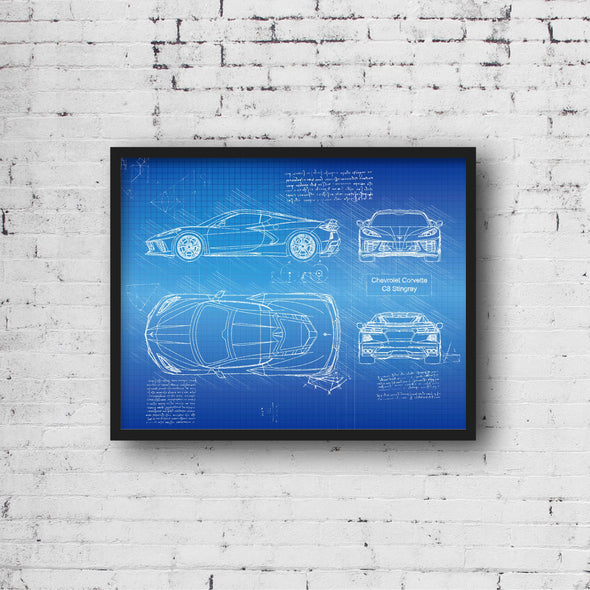 Chevrolet Corvette C8 Stingray (2020) Sketch Art Print - Sketch Style, Car Patent, Blue Print, String Ray, C7 Car (P838)
