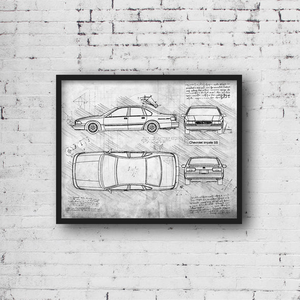 Chevrolet Impala SS (1994 - 96) Sketch Art Print - Sketch Style, Car Patent, Blueprint Poster, Blue Print, Impala Car Decor (P743)