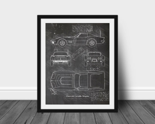 Chevrolet Stingray (1969) Sketch Art Print - Sketch Style, Vertical Art, Blueprint Poster, Blue Print, Stingray Car Poster (P594)