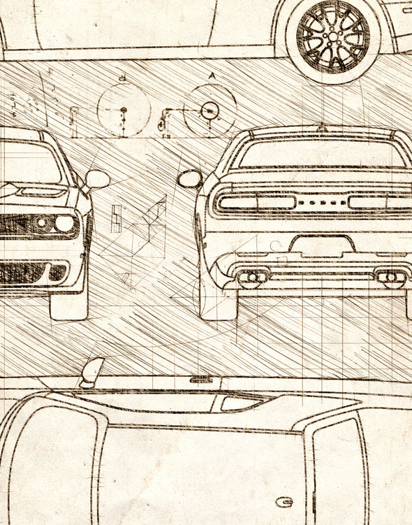 Dodge Challenger SRT Hellcat (2015) Sketch Art Print - Sketch Style, Car Patent, Patent, Blueprint Poster, Blue Print (#P584)