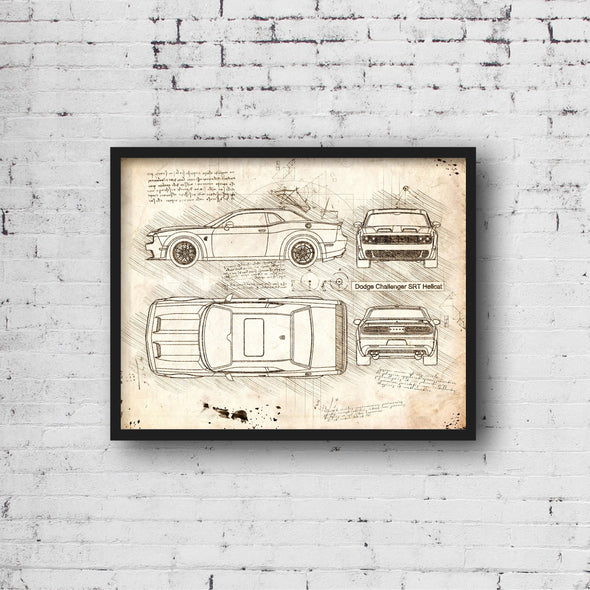 Dodge Challenger SRT Hellcat (2018 - present) Sketch Art Print - da Vinci, Car Patent, Patent, Blueprint Poster, Blue Print (#P612)