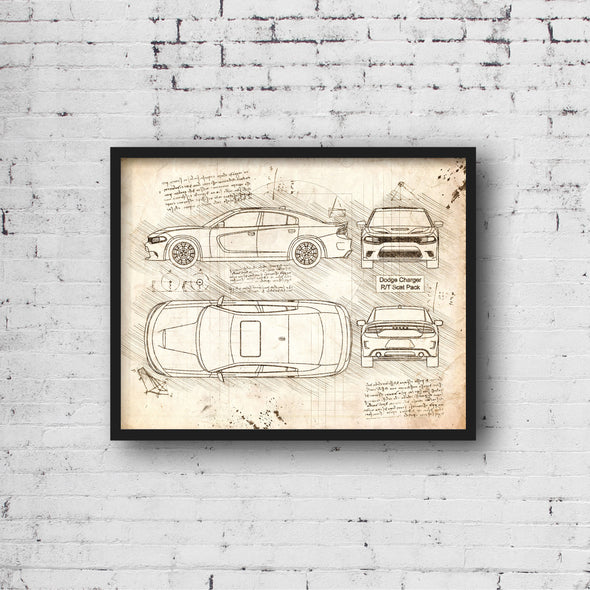 Dodge Charger RT Scat Pack (2018) Sketch Art Print - Sketch Style, Car Patent, Patent, Blueprint Poster, Blue Print (P522)