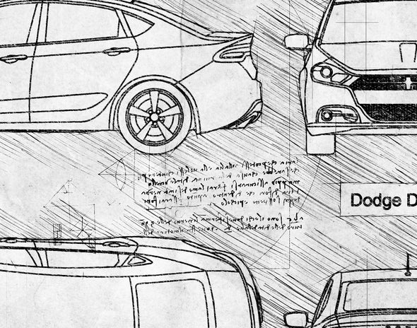 Dodge Dart GT (2013 - 16) Sketch Art Print - Sketch Style, Car Patent, Patent, Blueprint Poster, BluePrint, Dart Car Art (P721)