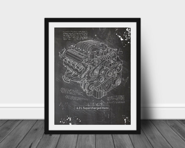 Dodge Hellcat Engine Sketch Art Print - da Vinci, Car Patent, Patent, Blueprint Poster, Blue Print, Hemi Car Engine (#P778)