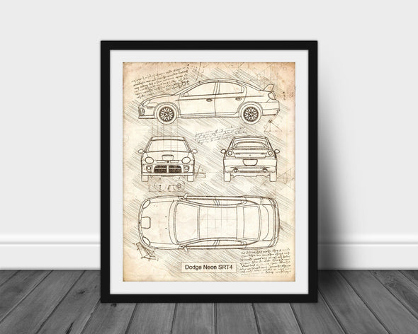 Dodge Neon SRT-4 (2003) Sketch Art Print - Sketch Style, Car Patent, Patent, Blueprint Poster, Blue Print, Neon Car (P549)