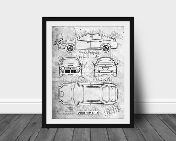 Dodge Neon SRT-4 (2004 - 05) Sketch Art Print - Sketch Style, Car Patent, Patent, Blueprint Poster, Blue Print, Neon Car (P547)