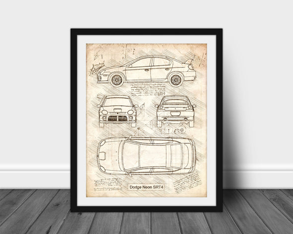 Dodge Neon SRT-4 (2004 - 05) Sketch Art Print - Sketch Style, Car Patent, Patent, Blueprint Poster, Blue Print, Neon Car (P547)