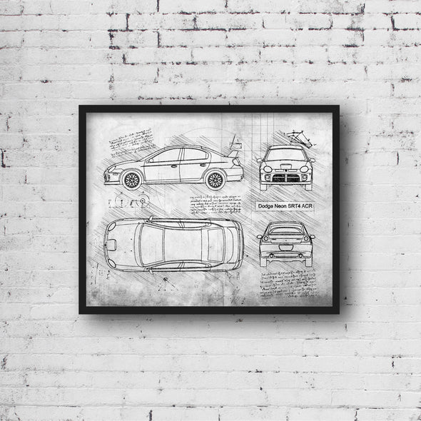 Dodge Neon SRT4 ACR (2002 - 05) Sketch Art Print - Sketch Style, Car Patent, Patent, Blueprint Poster, Blue Print, Neon Car (P348)