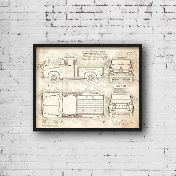 Ford F-100 (1953 - 56) Sketch Art Print - Sketch Style, Car Patent, Blueprint Poster, BluePrint, Pickup Truck, Pick Up Art (P675)
