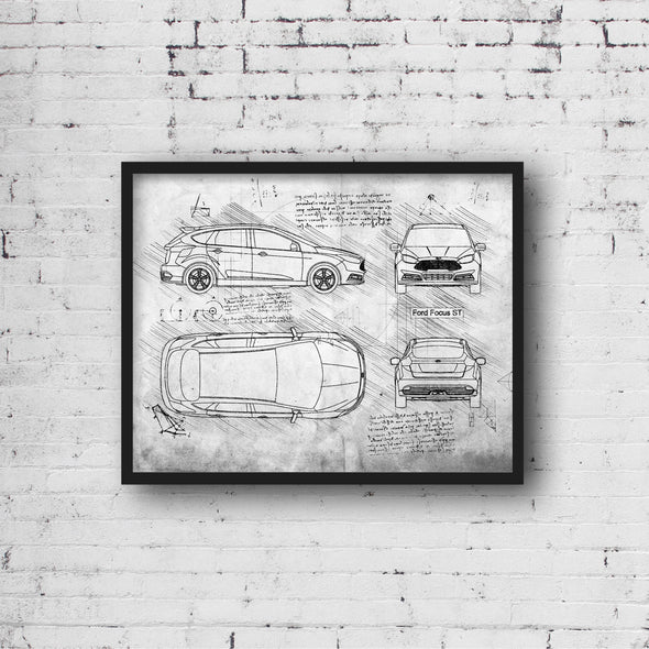 Ford Focus ST (2015) Sketch Art Print - Sketch Style, Car Patent, Patent, Blueprint Poster, BluePrint, Focus Car (P520)
