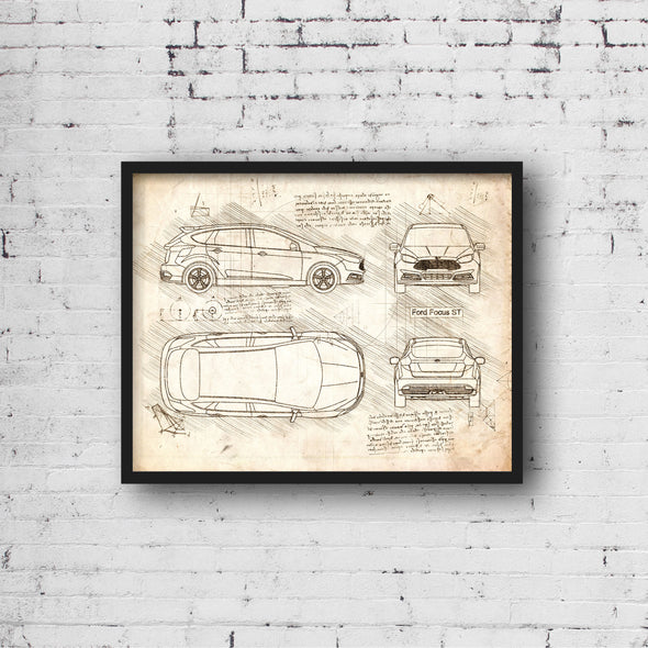 Ford Focus ST (2015) Sketch Art Print - Sketch Style, Car Patent, Patent, Blueprint Poster, BluePrint, Focus Car (P520)