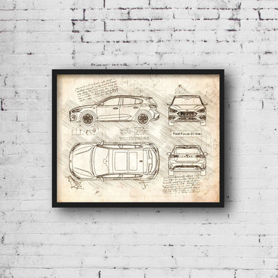 Ford Focus ST-line (2018) Sketch Art Print - Sketch Style, Car Patent, Patent, Blueprint Poster, BluePrint, Focus Car (P699)