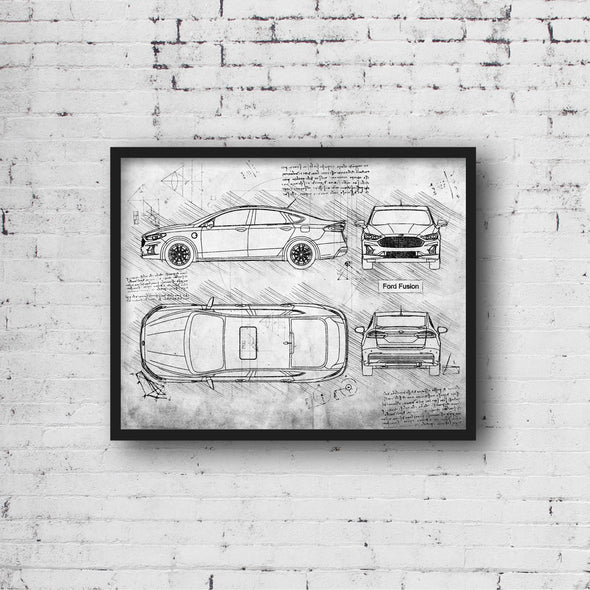 Ford Fusion (2018 - Present) Sketch Art Print - Sketch Style, Car Patent, Patent, Blueprint Poster, Blue Print, Fusion Car (P722)