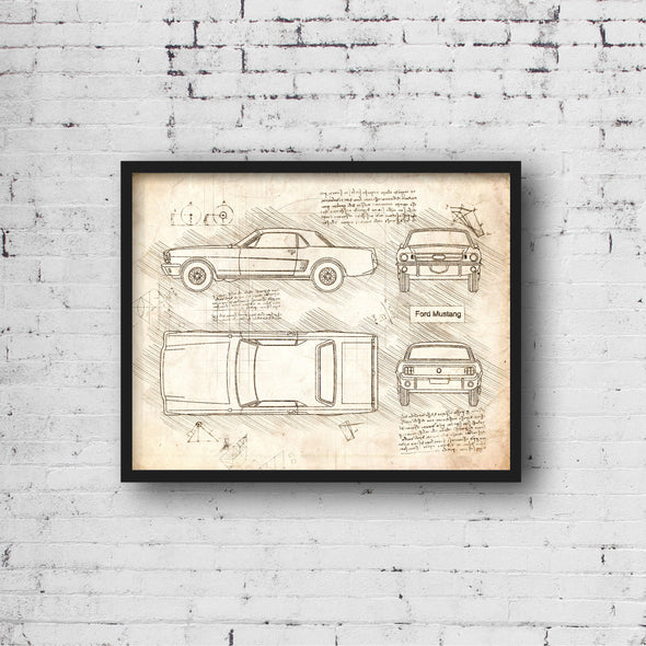Ford Mustang (1964 - 66) Sketch Art Print - Sketch Style, Car Patent, Patent, Blueprint Poster, BluePrint, GT Art Prints (P517)
