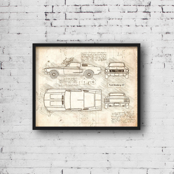 Ford Mustang GT (1968) Sketch Art Print - Sketch Style, Car Patent, Patent, Blueprint Poster, BluePrint, GT Art Prints (P621)