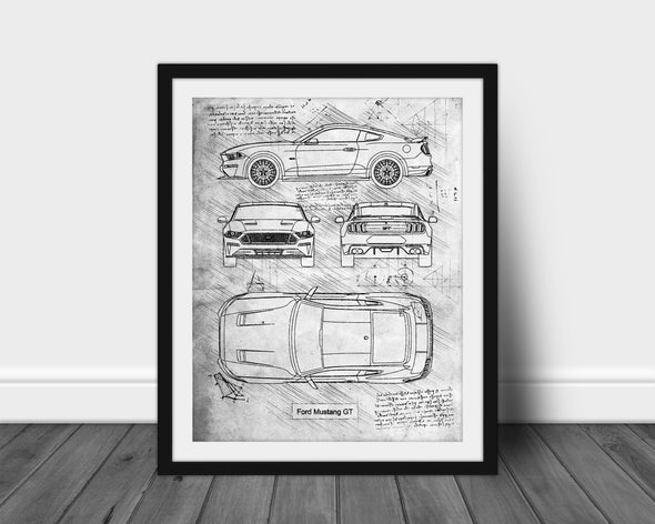 Ford Mustang GT (2018) Sketch Art Print - Sketch Style, Car Patent, Patent, Blueprint Poster, Blue Print, GT Art Prints (P590)