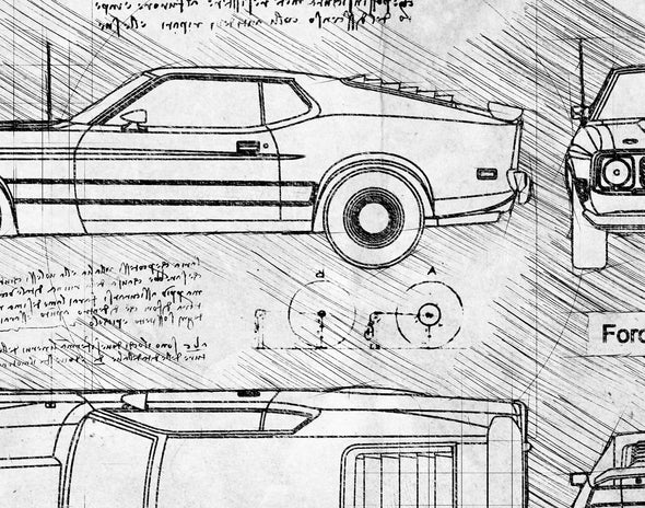 Ford Mustang Mach I (1973) Sketch Art Print - Sketch Style, Car Patent, Blueprint Poster, Blue Print, Mustangs, Mach1 (P433)