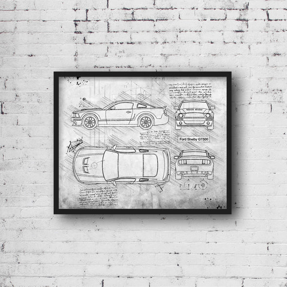 Ford Mustang Shelby GT500 (2007) Sketch Art Print - Sketch Style, Car Patent, Blueprint Poster, BluePrint, GT500 (P535)