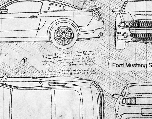 Ford Mustang Shelby GT500 (2010 - 14) Sketch Art Print - Sketch Style, Car Patent, Blueprint Poster, BluePrint, GT500 (P559)
