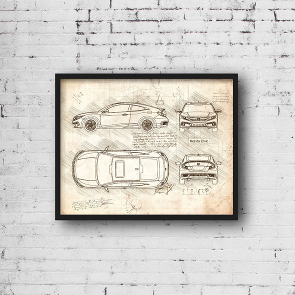Honda Civic Coupe (2018 - present) Sketch Art Print - Sketch Style, Car Patent, Blueprint Poster, Civic Car Poster (P828)