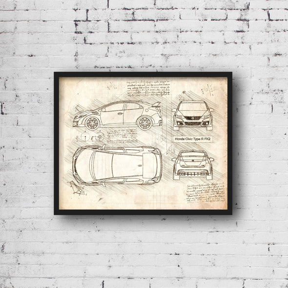 Honda Civic Type R FK2 (2015 - 17) Sketch Art Print - Sketch Style, Car Patent, Blueprint Poster, Civic Fk 2 Car (P632)
