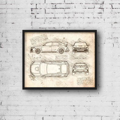 Honda Civic Type-R Hatchback FK8 (2017 - 18) Sketch Art Print - Sketch Style, Car Patent, Blueprint Poster, Type R FK 8 (P374)