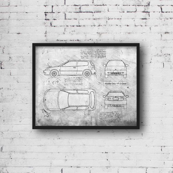 Honda Civic Vti 3-Door (1991 - 95) Sketch Art Print - Sketch Style, Car Patent, Blueprint Poster, Civic Vti Car Art (P768)