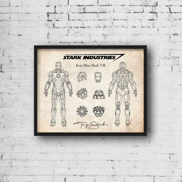 Iron Man Mark VII Art Print - daVinci Style, Wall Art, Iron Man Poster, Arc Reactor Print, War Machine Decor, Blueprint, Mark 7 (#P494)