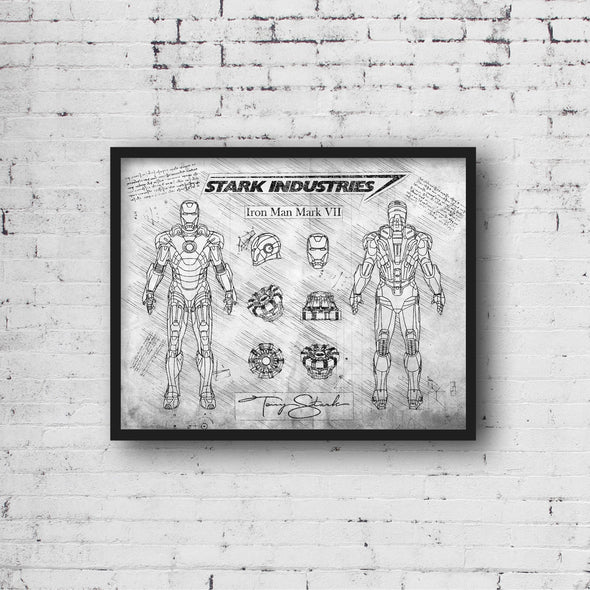 Iron Man Mark VII Art Print - daVinci Style, Wall Art, Iron Man Poster, Arc Reactor Print, War Machine Decor, Blueprint, Mark 7 (#P498)