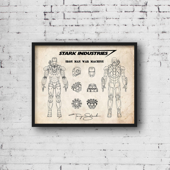 Iron Man War Machine Art Print - daVinci Style, Wall Art, Iron Man Poster, Arc Reactor Print, War Machine Decor, Blue Print, Stark (#P501)