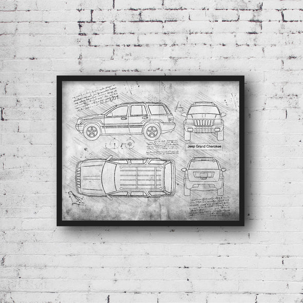 Jeep Grand Cherokee (1999 - 04) Sketch Art Print - Sketch Style, Car Patent, Blueprint Poster, Blue Print, Jeep Decor (P817)