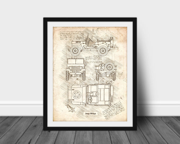 Jeep Willys (1942) Sketch Art Print - Sketch Style, Car Patent, Blueprint Poster, BluePrint, Willys Truck Poster, Vertical (P592)