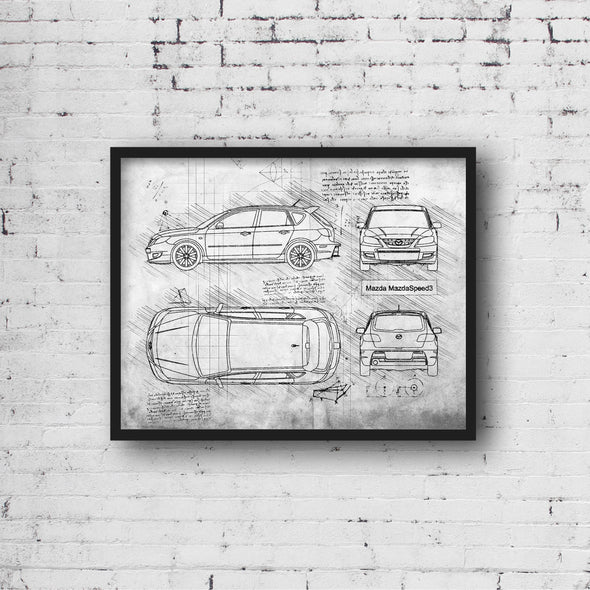 Mazda MazdaSpeed3 (2007 - 09) Sketch Art Print - Sketch Style, Car Patent, Patent, Blueprint Poster, Car Blue Print, Speed 3 (P491)