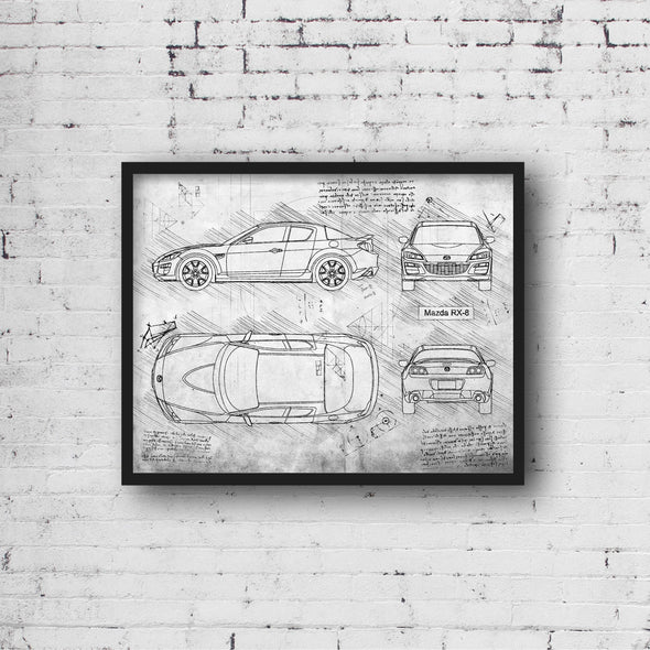 Mazda RX-8 (2003 - 11) Sketch Art Print - Sketch Style, Car Patent, Patent, Blueprint Poster, Car Prints, RX 8, RX8 Poster (P674)