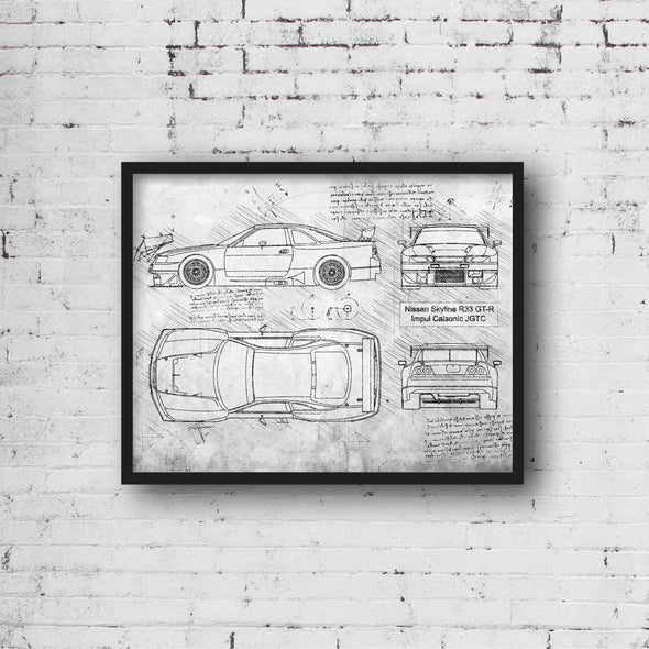 Nissan Skyline R33 GT-R Impul Calsonic JGTC (1996) Sketch Art Print - Sketch Style, Car Patent, Blueprint Art, Skyline Art (P531)