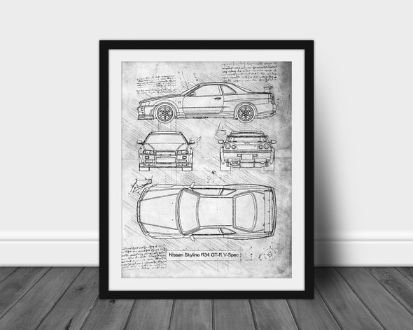 Nissan Skyline R34 GT-R V-Spec (1999) Sketch Art Print - Sketch Style, Car Patent, Blueprint Poster, Blue Print, Skyline Art (P583)