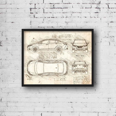 Nissan Versa (2019 - Present) Sketch Art Print - Sketch Style, Car Patent, Blueprint Poster, Blue Print, Versa Car Poster (P821)