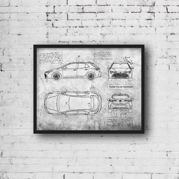 Toyota Corolla Hatchback (2018 - present) Sketch Art Print - Sketch Style, Car Patent, Blue Print Poster, Corolla Car Art (P755)