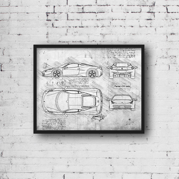 Ferrari 458 Italia (2010-15) da Vinci Sketch Art Print (#368)