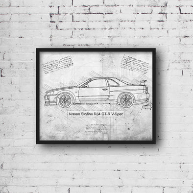 Nissan Skyline R34 GT-R V-Spec (1999) da Vinci Sketch Art Print (#513)