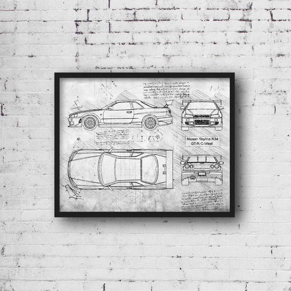 Nissan Skyline R34 GT-R C-West (1999) da Vinci Sketch Art Print (#456)