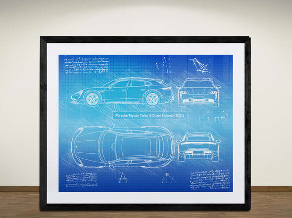 Porsche Taycan Turbo S Cross Turismo (2021) - Sketch Art Print - Sketch Style, Car Patent, Blueprint Poster, Blue Print,  (#2005)